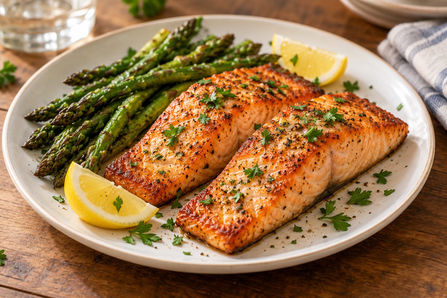 Air fryer salmon fillets served with fresh lemon and herbs