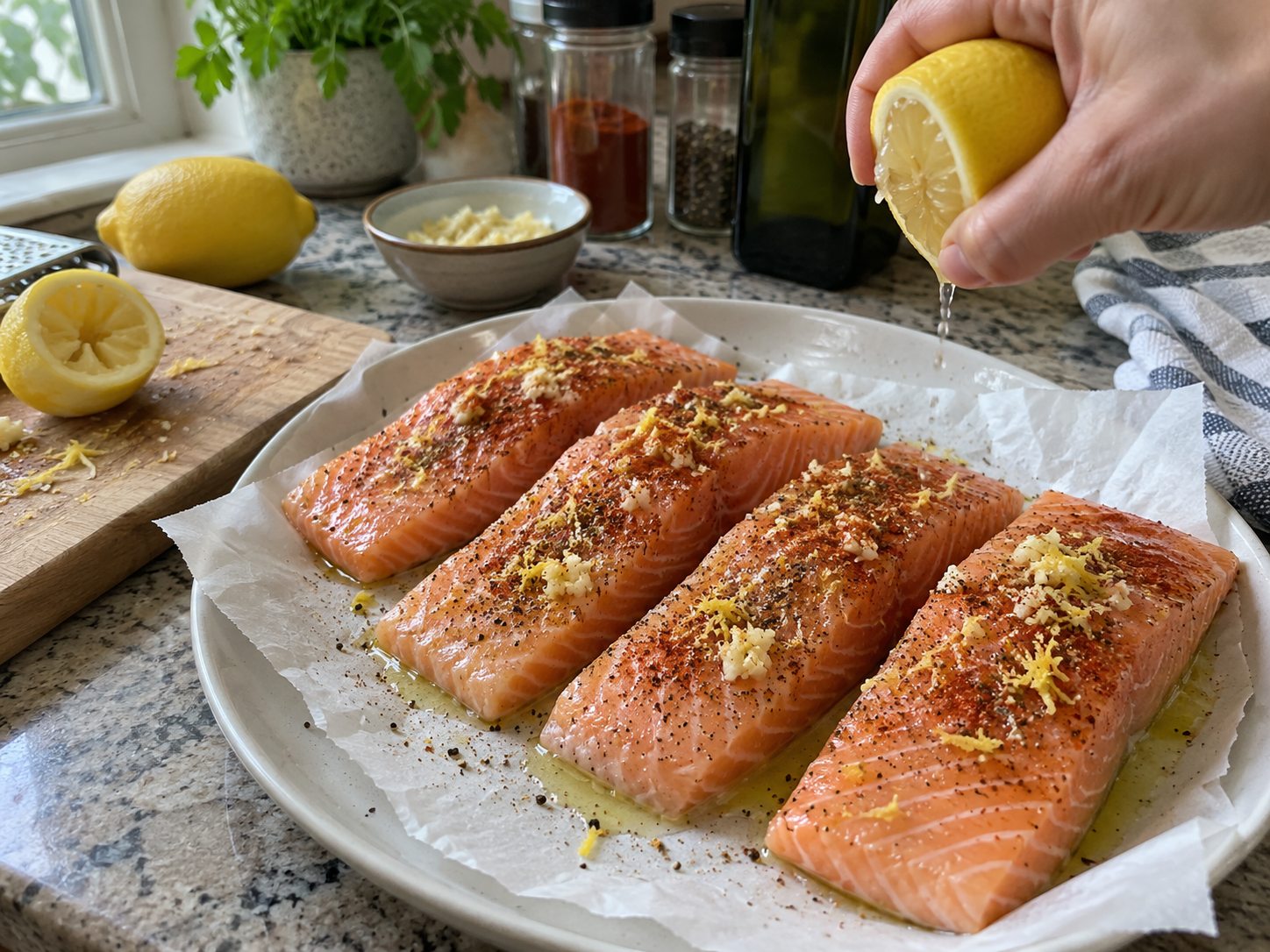 Salmon fillets brushed with olive oil and seasoned with paprika and garlic