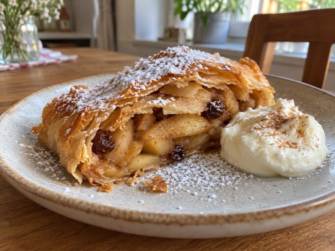 Homemade Austrian apfelstrudel with flaky pastry, cinnamon apples and raisins