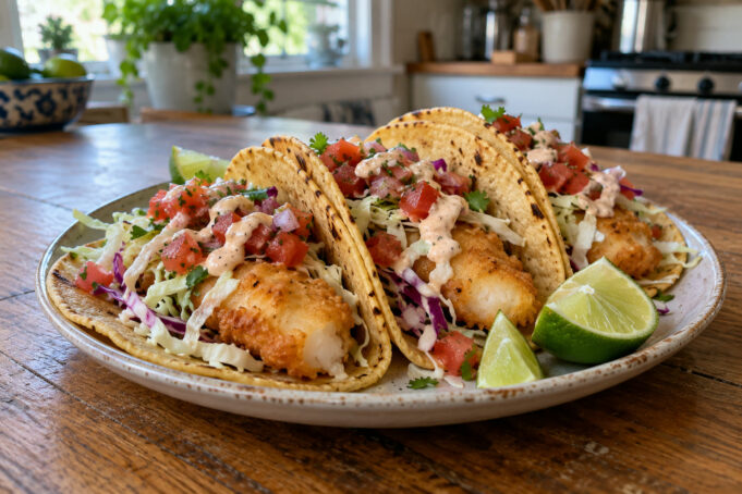 baja-fish-tacos-finished Crispy Baja fish tacos arranged with fresh slaw, lime, and creamy sauce.