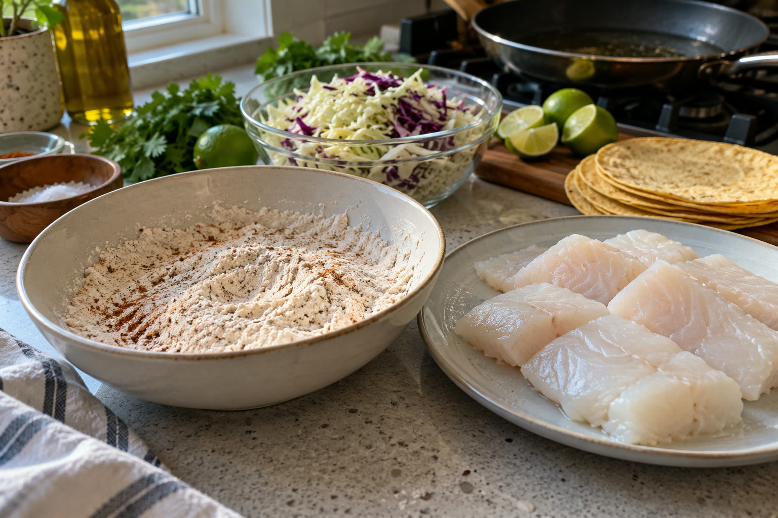 Baja fish taco ingredients and cabbage slaw prepared on a home kitchen counter