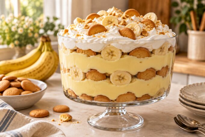 Classic banana pudding layered with vanilla wafers, bananas, and homemade custard