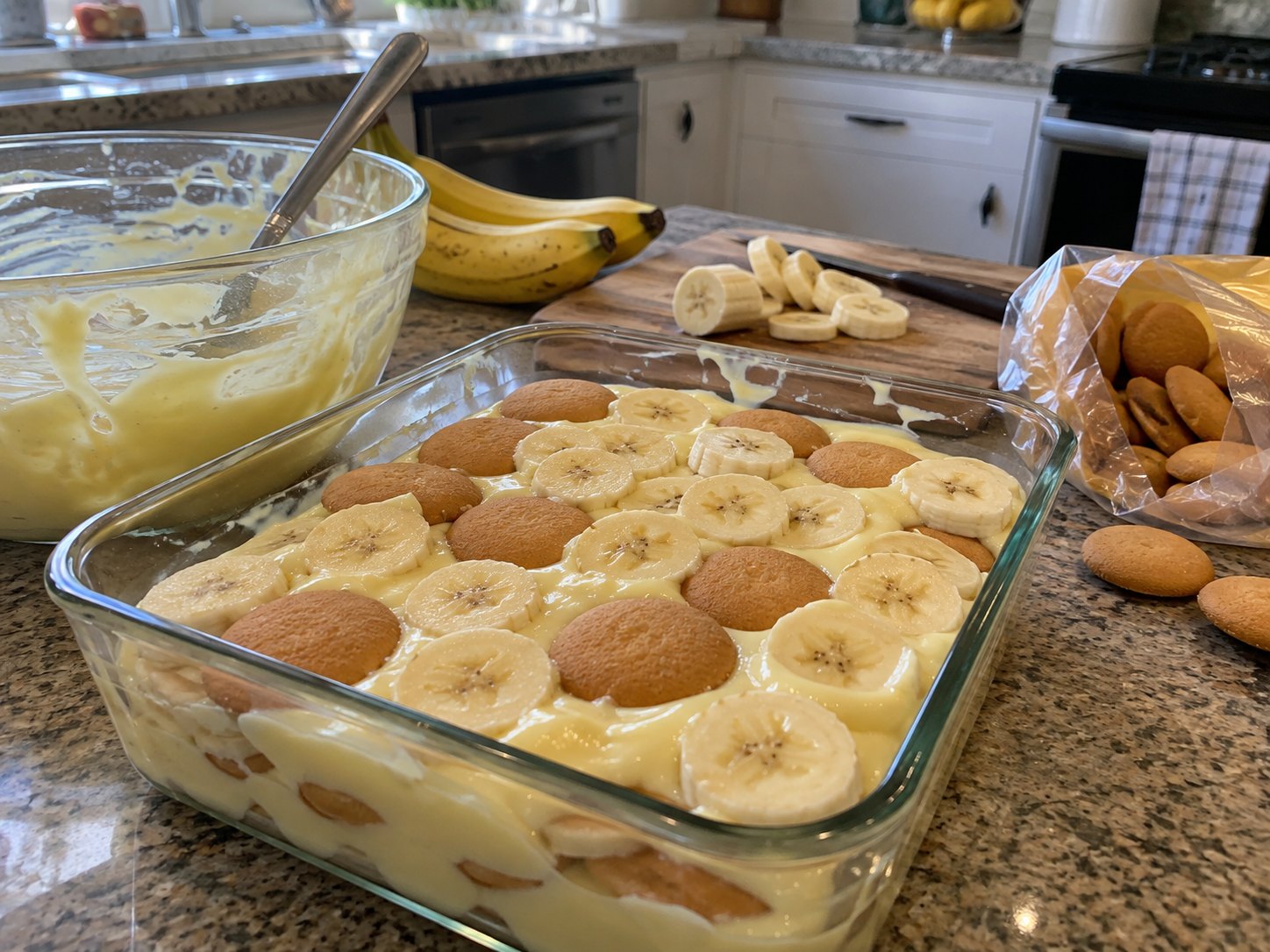 Vanilla wafers, sliced bananas, and homemade custard ready to layer banana pudding