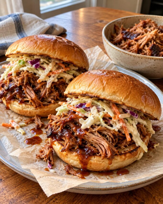 BBQ pulled pork sandwiches with soft buns, shredded pork, and crunchy coleslaw