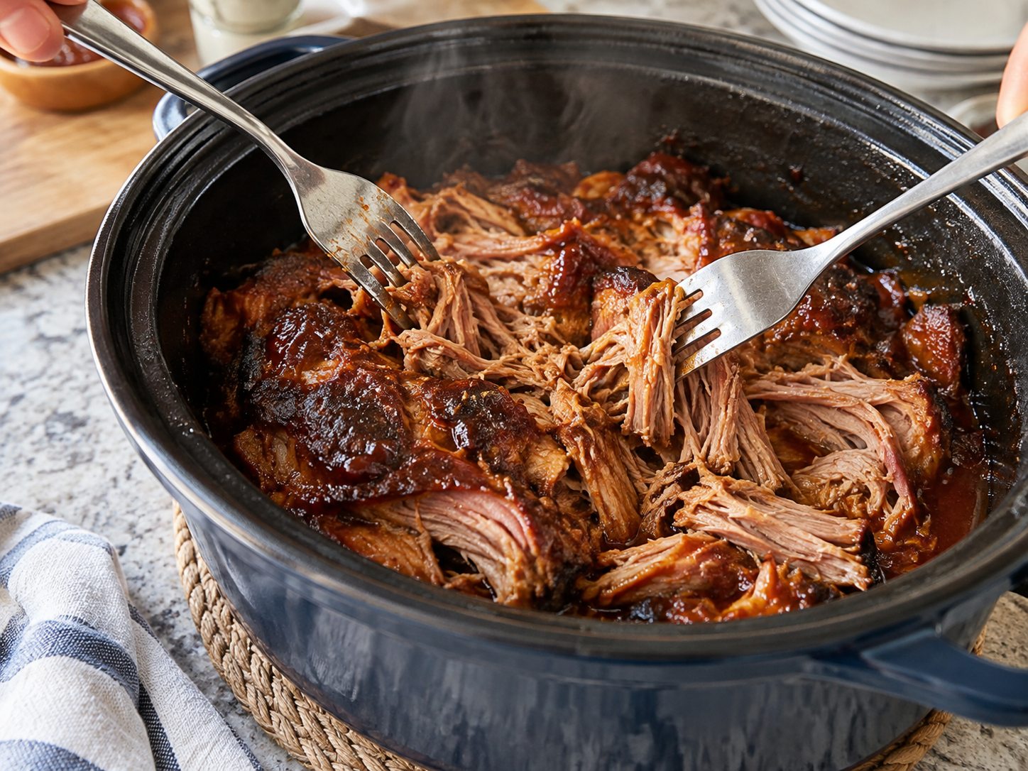Tender barbecue pulled pork being shredded with forks in a slow cooker
