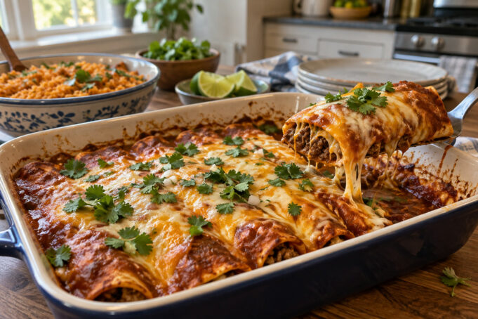Beef enchiladas baked with red sauce and melted cheese.