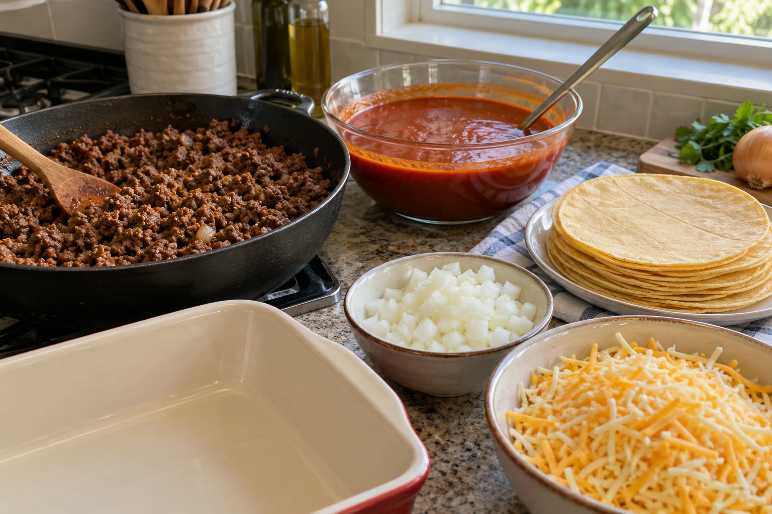 Seasoned ground beef, corn tortillas, enchilada sauce, and cheese ready for beef enchiladas