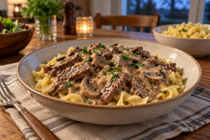 Beef stroganoff with tender beef and mushrooms over egg noodles