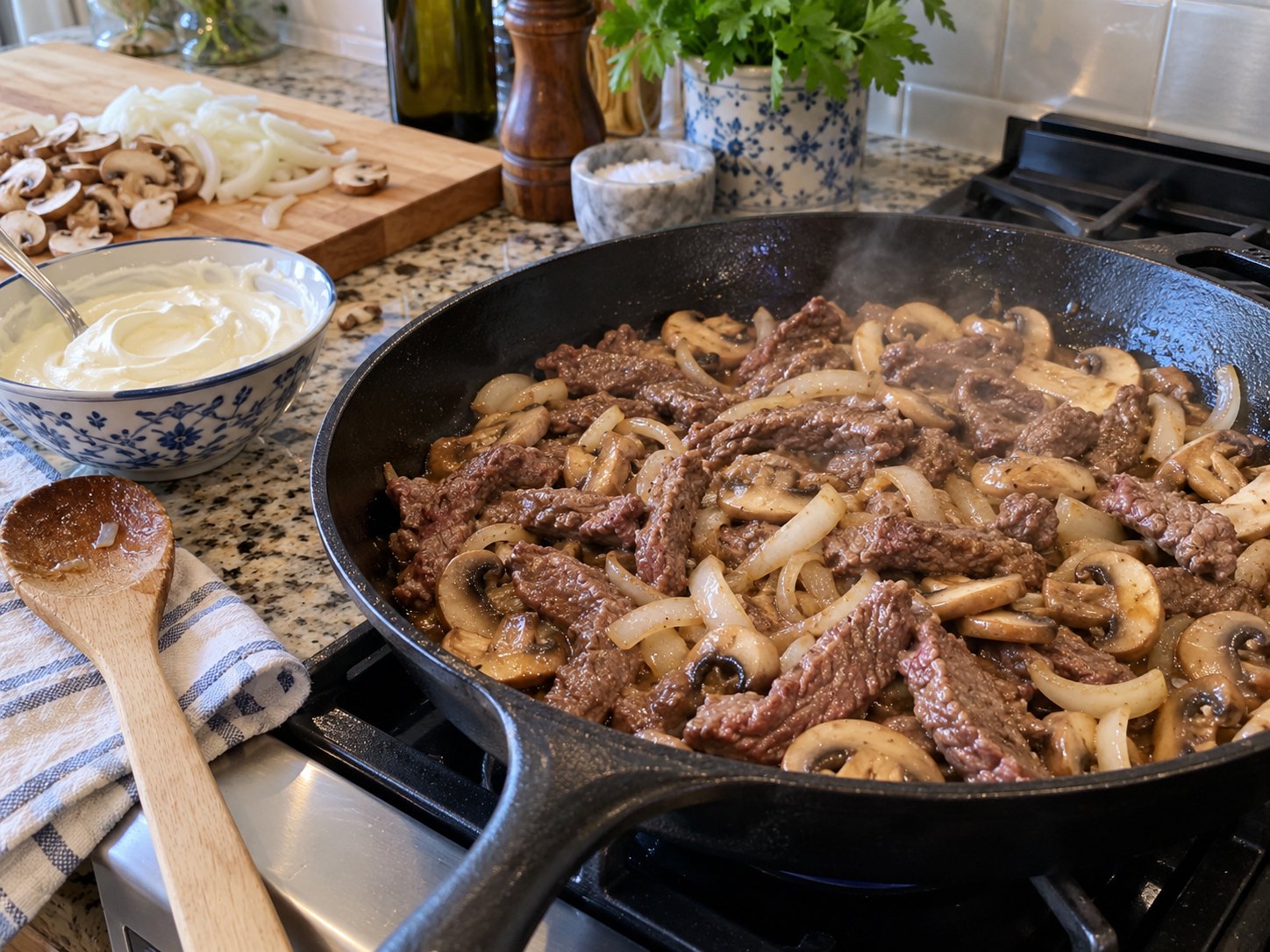 Sliced beef, mushrooms, onions, and egg noodles prepared for beef stroganoff