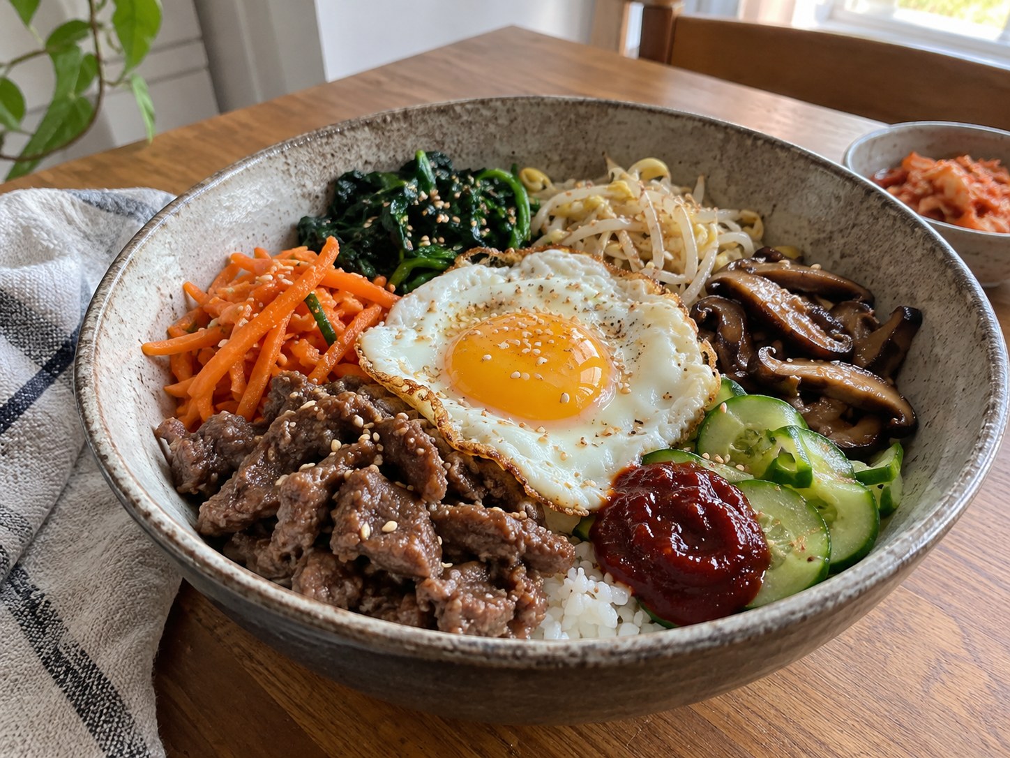 Homemade Korean beef bibimbap bowl topped with vegetables, egg, sesame seeds, and gochujang sauce