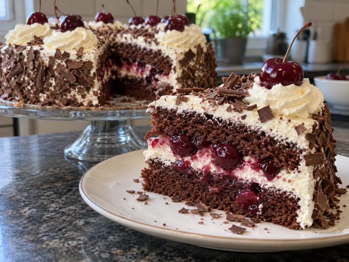 Slice of Black Forest cake with chocolate, cherries and whipped cream layers