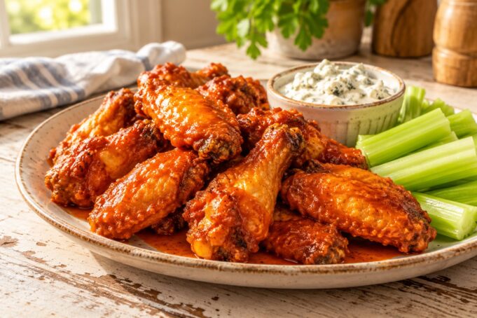 Crispy baked Buffalo chicken wings with tangy sauce, celery sticks, and blue cheese dip.