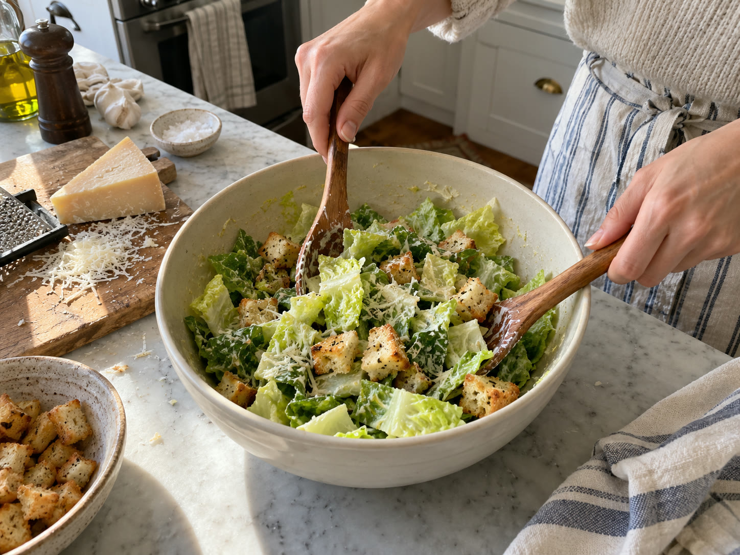 Classic Caesar Salad ingredients and preparation steps arranged on a home kitchen counter