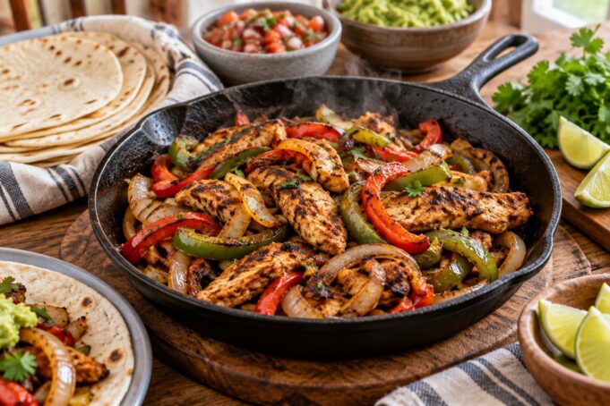 chicken-fajitas-hero Skillet chicken fajitas with seasoned chicken strips, bell peppers, and onions