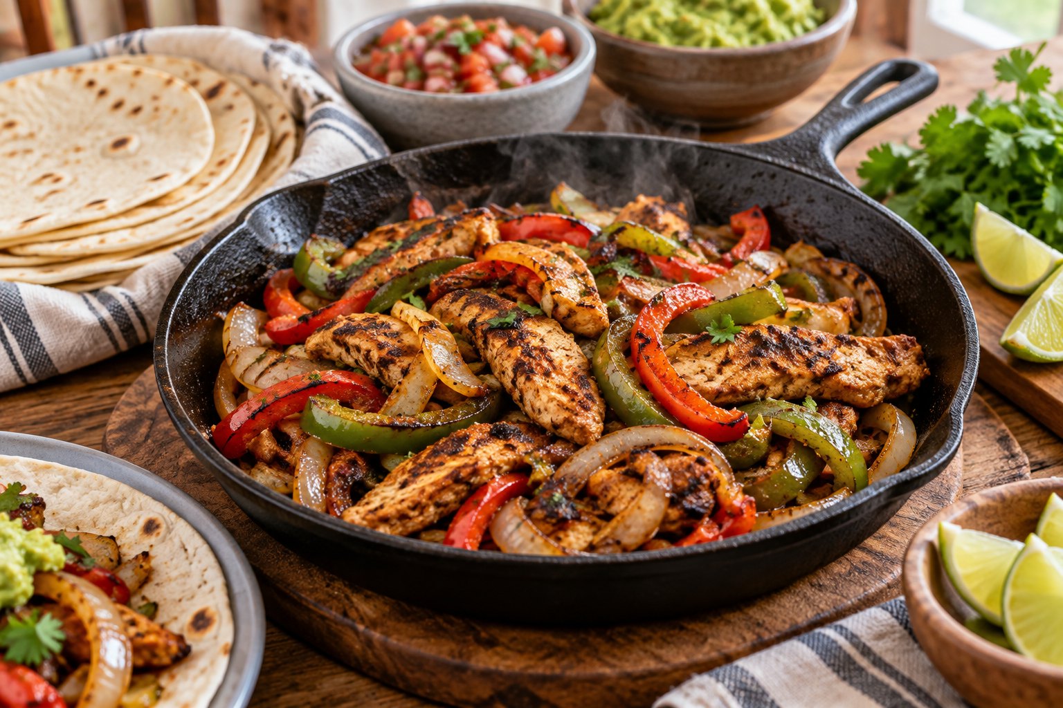 Skillet chicken fajitas with seasoned chicken strips, bell peppers, and onions