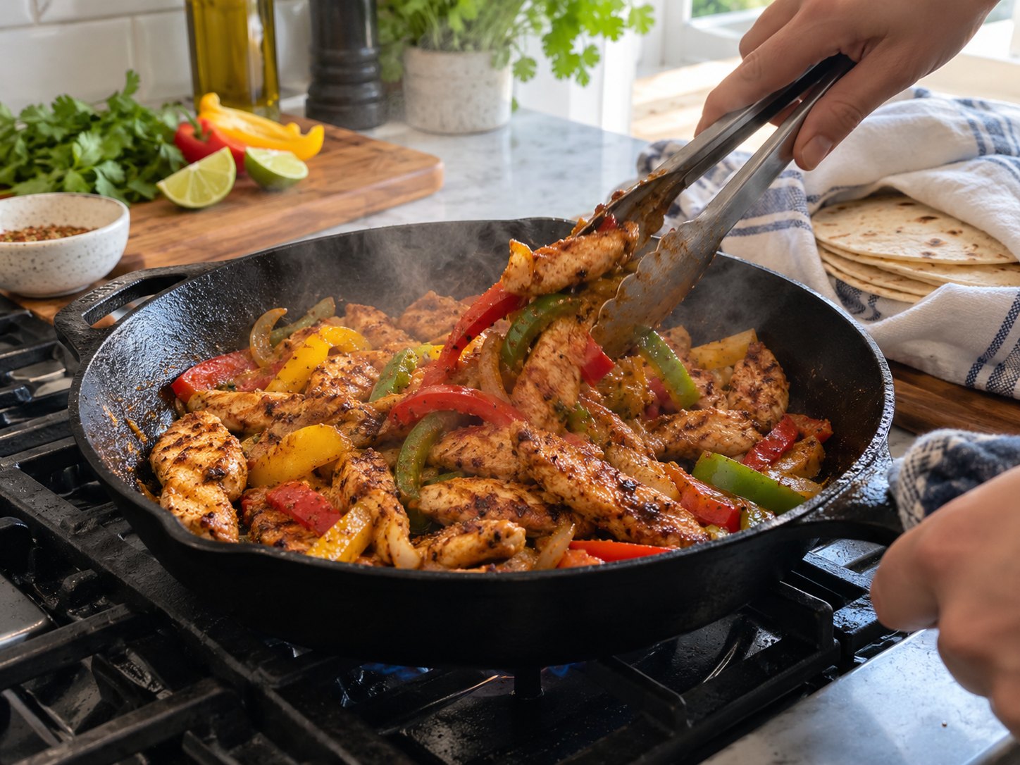 Chicken strips, bell peppers, onions, and fajita spices prepared for skillet chicken fajitas
