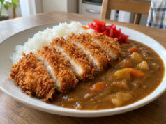 Japanese Chicken Katsu Curry (Crispy & Comforting) Japanese chicken katsu curry with crispy sliced chicken served over rice.