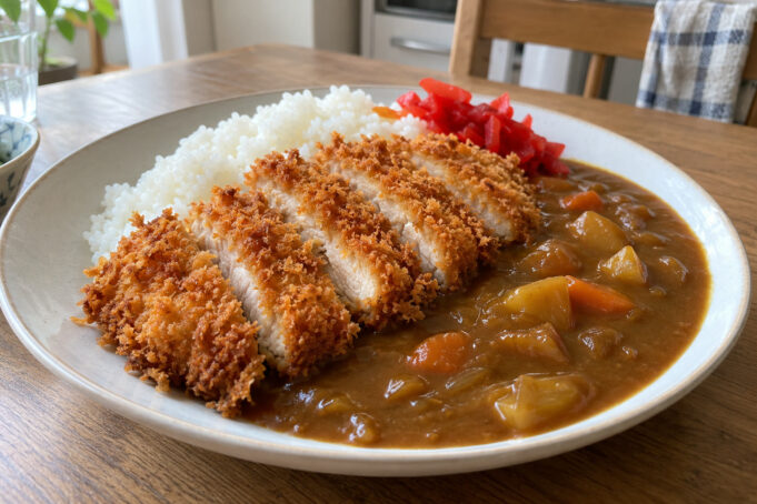 chicken-katsu-curry-finished Japanese chicken katsu curry with crispy sliced chicken served over rice.
