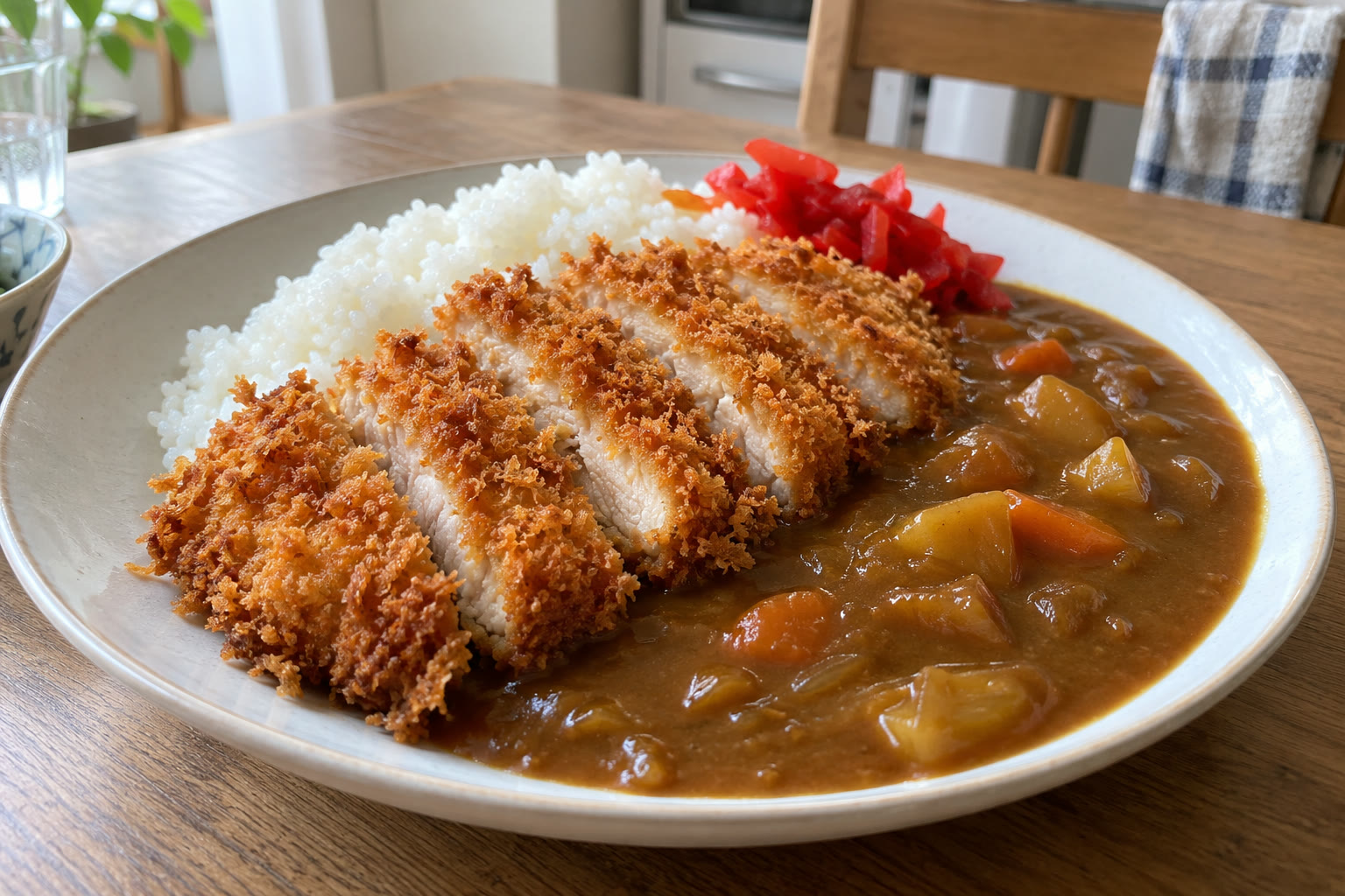 Japanese chicken katsu curry with crispy sliced chicken served over rice.