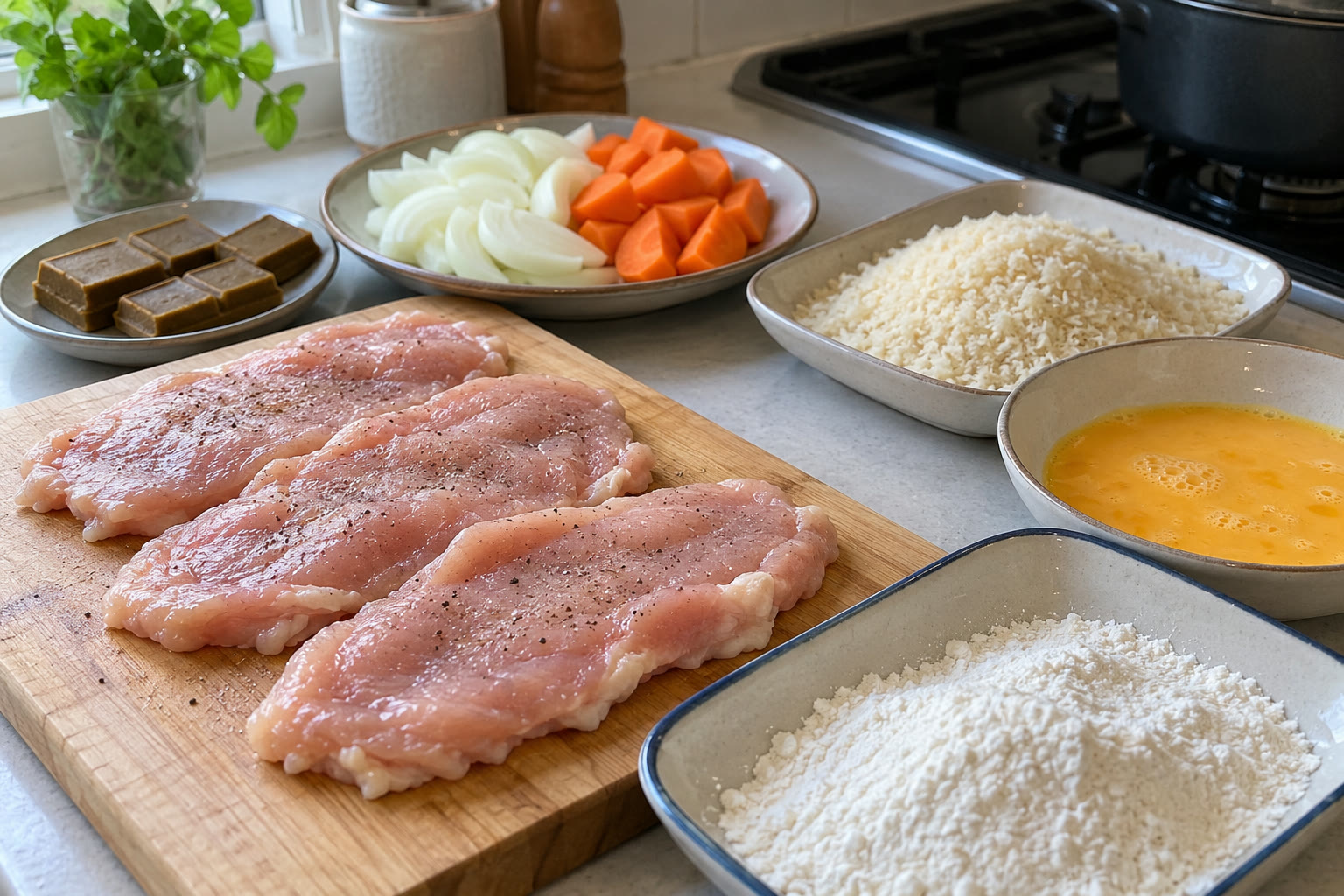 Japanese Chicken Katsu Curry ingredients and preparation steps arranged on a home kitchen counter
