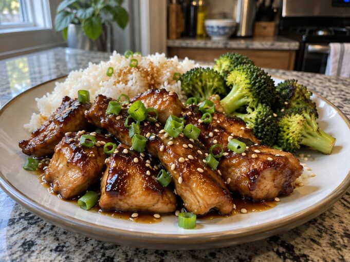 Chicken teriyaki glazed in homemade soy, mirin, ginger, and garlic sauce