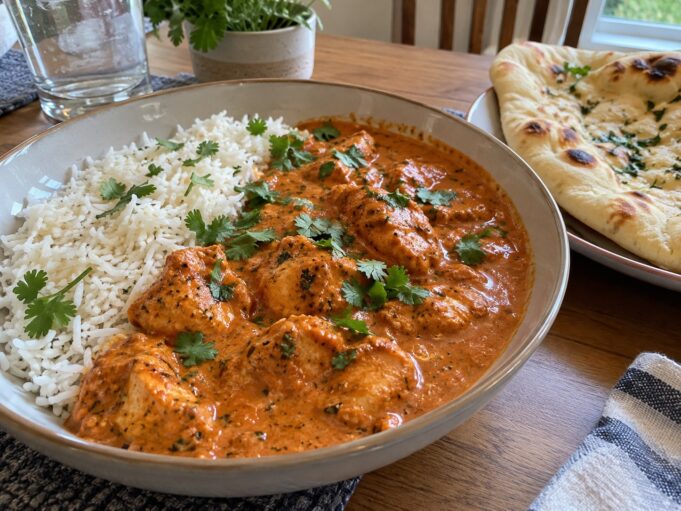 Homemade chicken tikka masala with creamy tomato sauce served over basmati rice