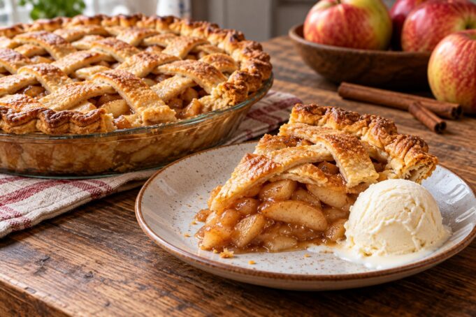 Classic American apple pie with a golden lattice crust and a warm slice served with vanilla ice cream