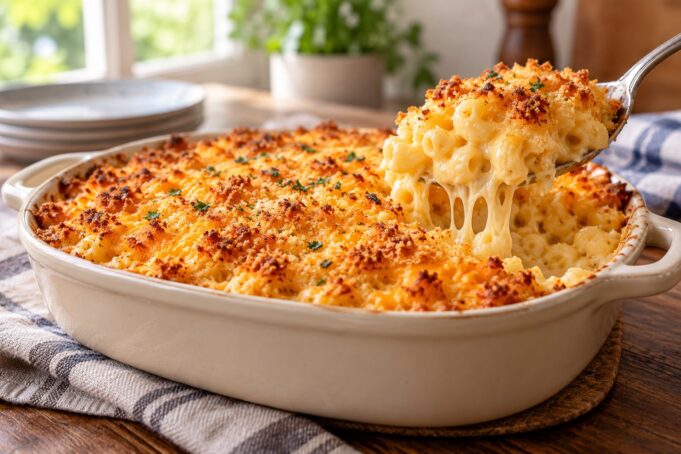 Creamy baked macaroni and cheese with a bubbling cheddar top and golden breadcrumb crust