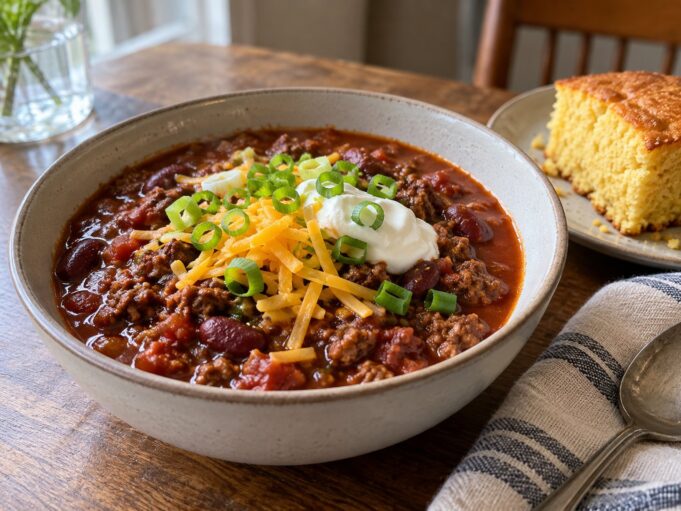 Classic American beef chili with beans topped with cheddar and scallions