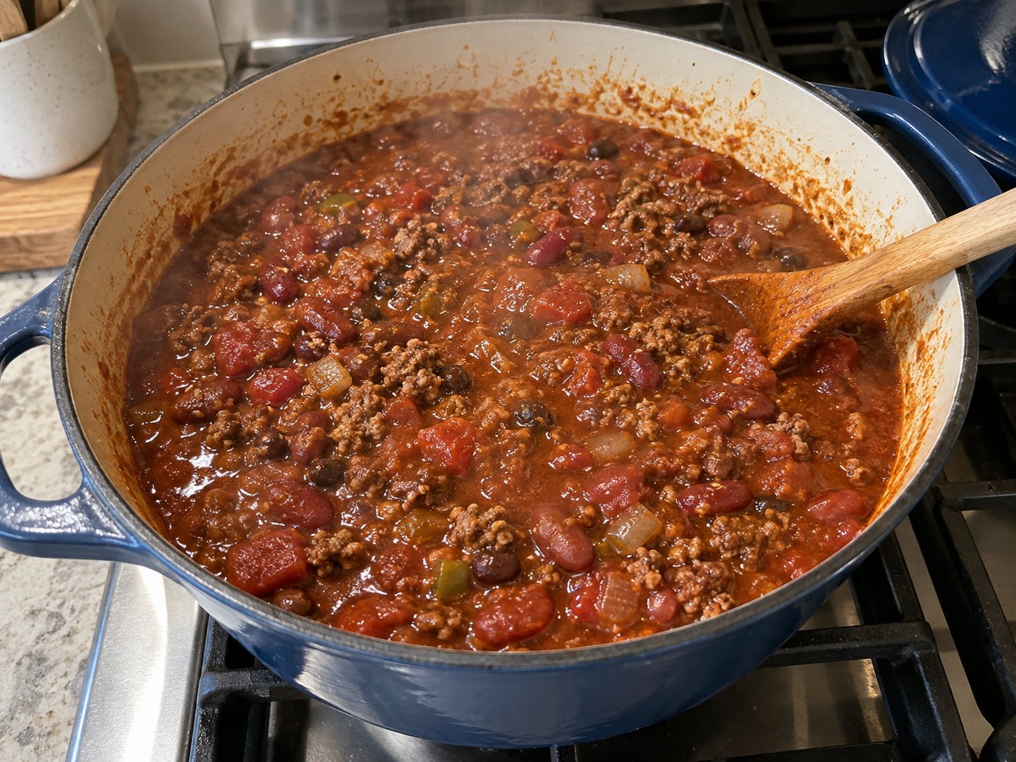 Beef and bean chili simmering in a Dutch oven on a home stove
