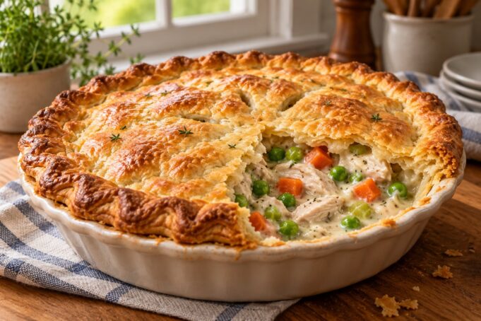 Golden chicken pot pie with a flaky top crust and creamy chicken, peas, and carrots