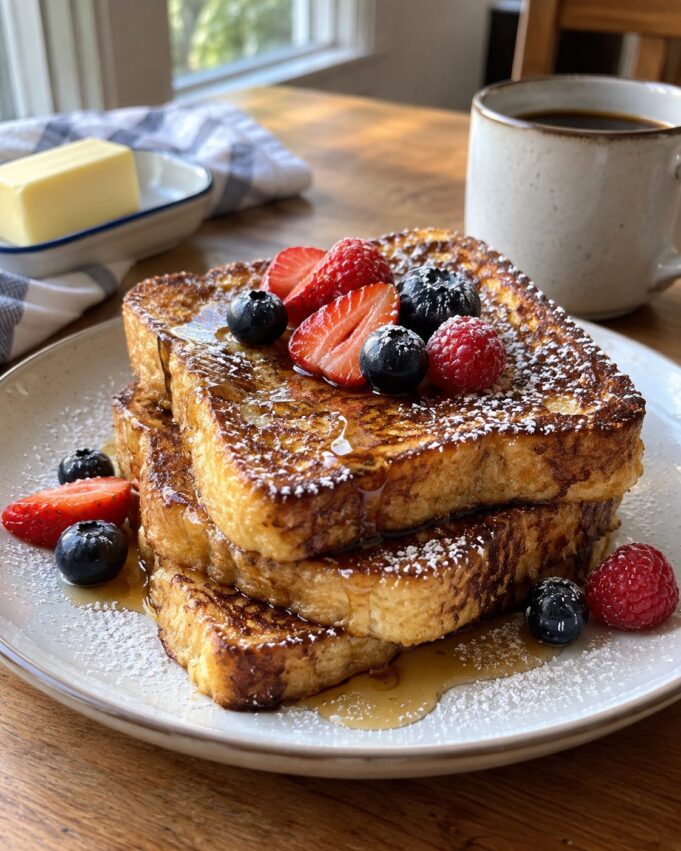 classic-french-toast-hero Classic French toast with berries, maple syrup, and powdered sugar for breakfast