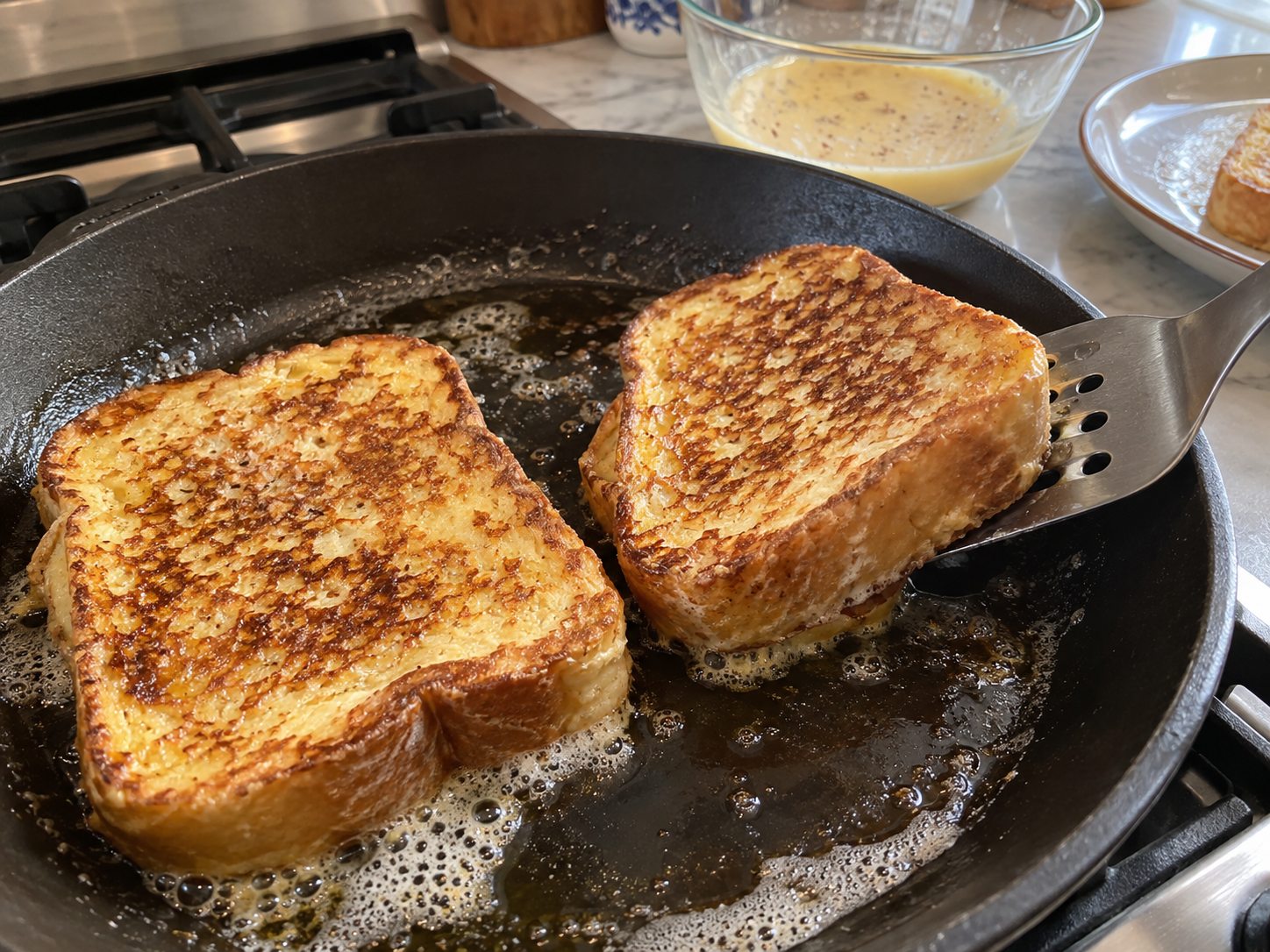 Thick slices of French toast browning in a skillet on a home stovetop