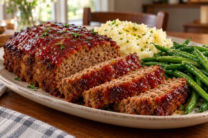 Classic glazed meatloaf sliced on a plate with a shiny ketchup glaze