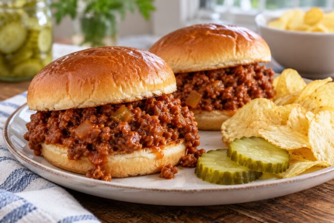 Easy Classic Sloppy Joes Classic Sloppy Joes filling piled into a toasted hamburger bun