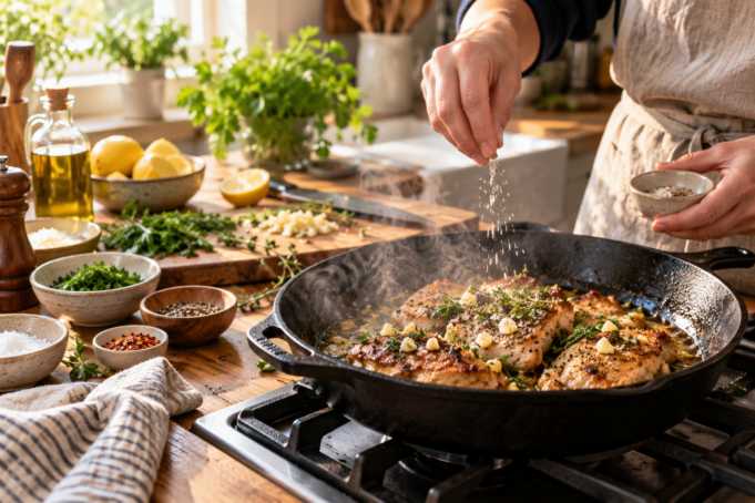 Seasoning a sizzling skillet with fresh herbs, garlic, and salt to build flavor