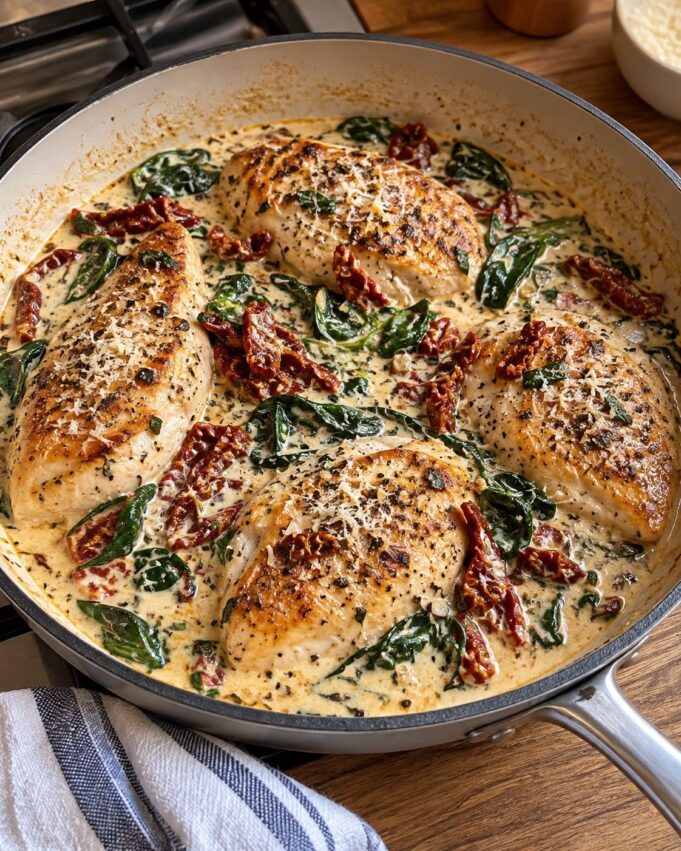Creamy Tuscan chicken with spinach and sun-dried tomatoes in a skillet