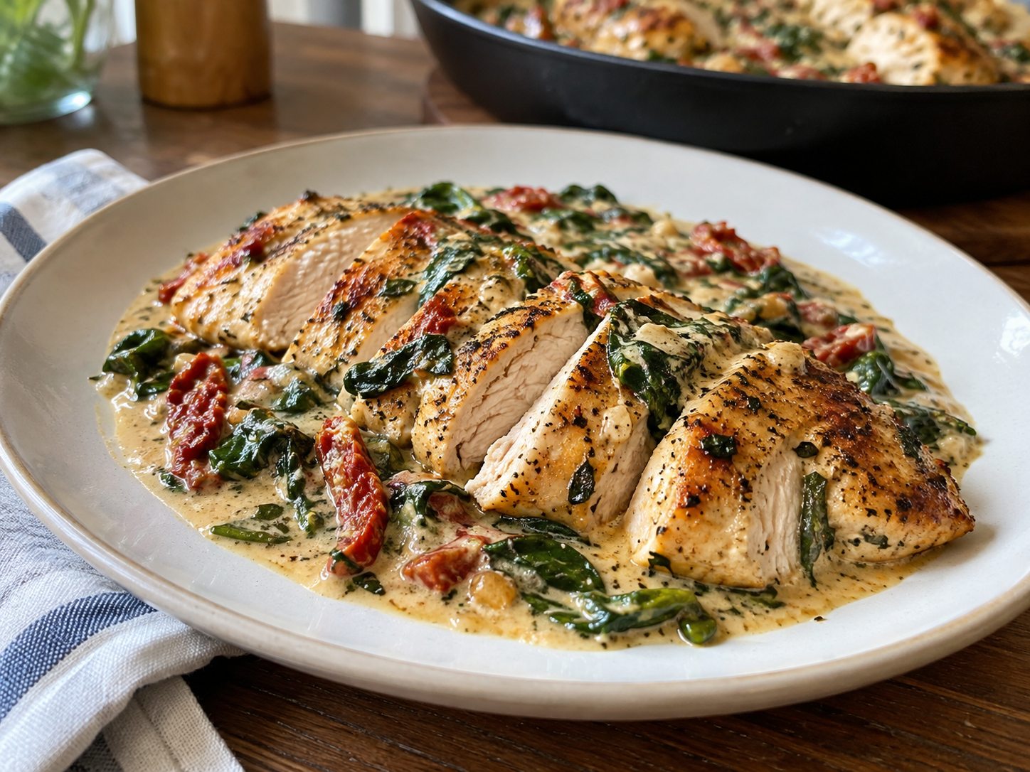 Sliced creamy Tuscan chicken with spinach and sun-dried tomato sauce on a plate