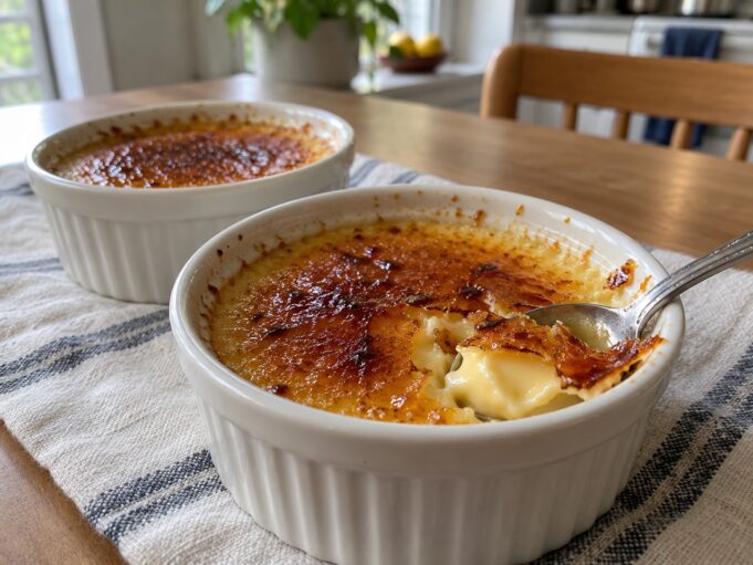 creme-brulee Homemade crème brûlée with a thin caramelized sugar crust and creamy vanilla custard