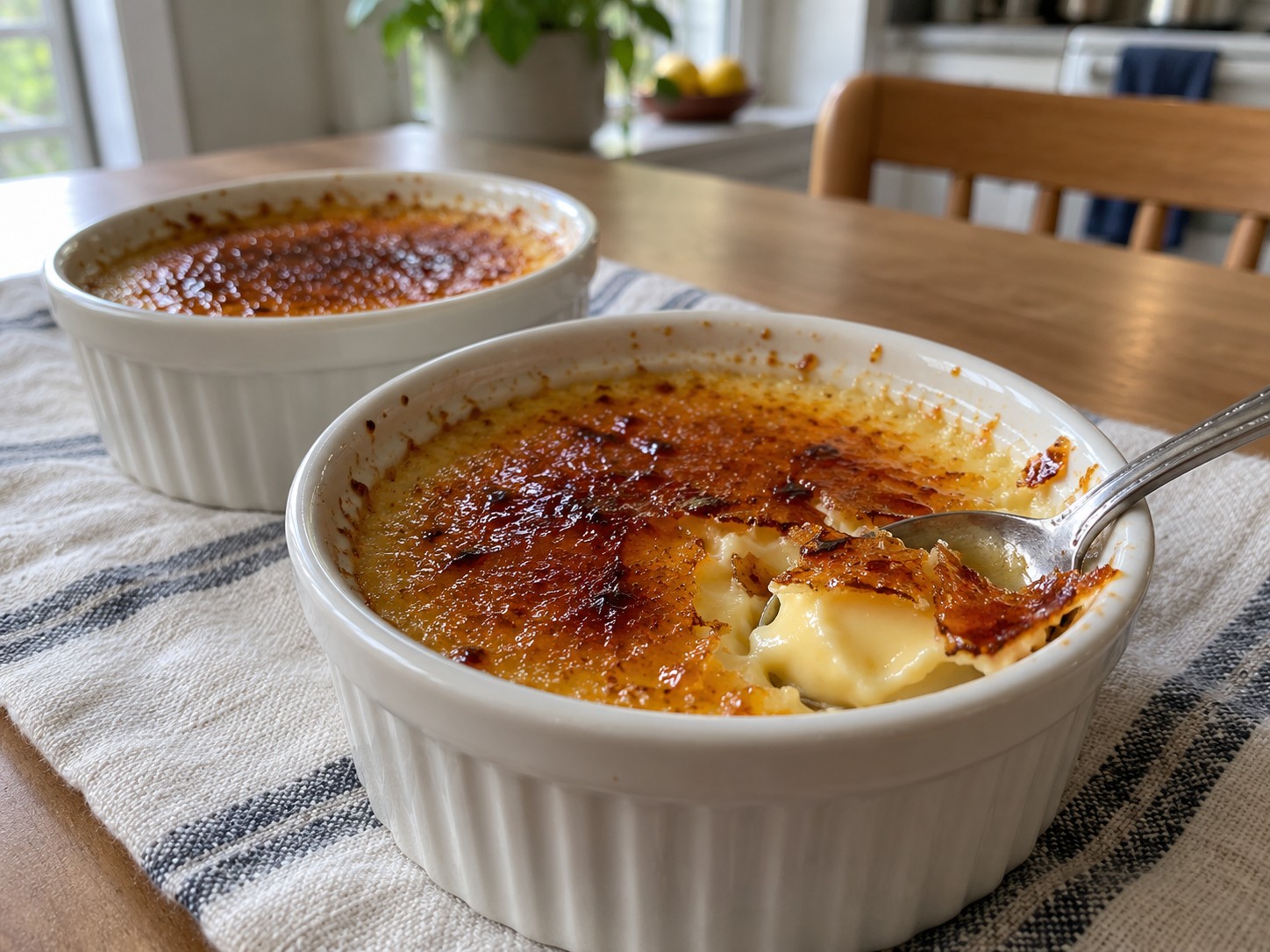 Homemade crème brûlée with a thin caramelized sugar crust and creamy vanilla custard