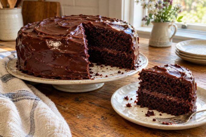 Easy chocolate cake topped with glossy ganache on a home kitchen table