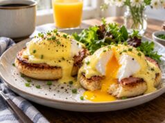 Classic Eggs Benedict Recipe (Easy Blender Hollandaise) Eggs Benedict with poached eggs, Canadian bacon, and hollandaise on English muffins
