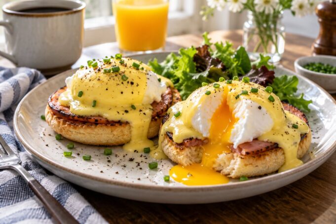 eggs-benedict-hero Eggs Benedict with poached eggs, Canadian bacon, and hollandaise on English muffins
