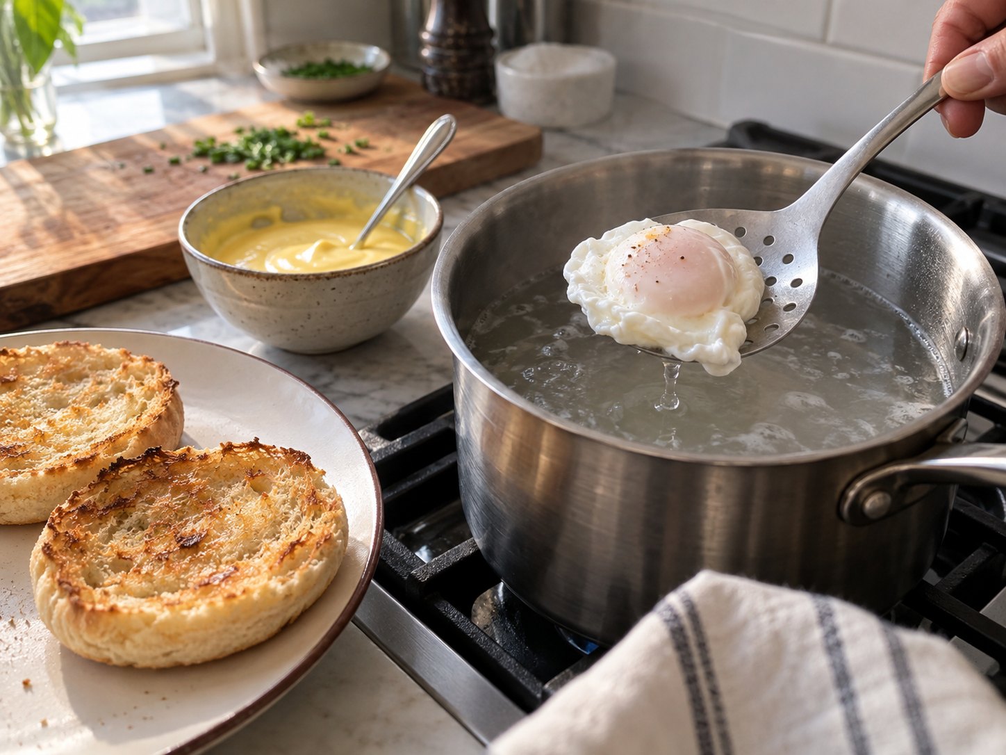 English muffins, Canadian bacon, eggs, and lemon ready for eggs Benedict