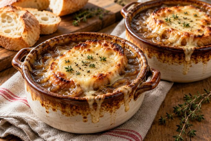 Classic French onion soup topped with toasted baguette and melted Gruyère