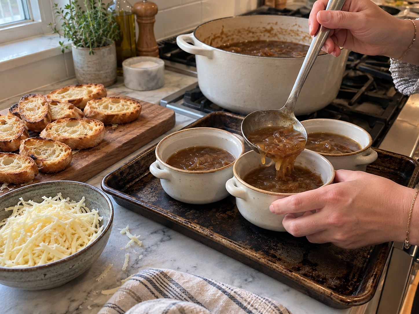 Sliced onions and soup ingredients prepared for classic French onion soup