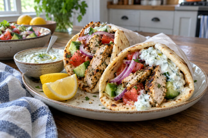 greek-chicken-gyros-finished Greek chicken gyros filled with chicken, fresh vegetables, and tzatziki.