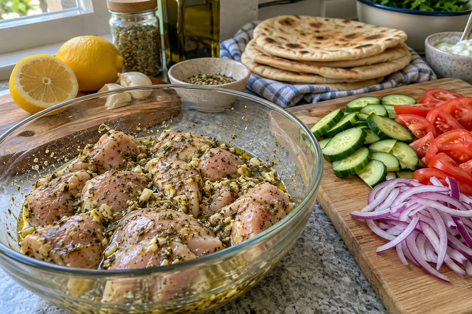 Lemon oregano chicken and cucumber yogurt ingredients for Greek chicken gyros