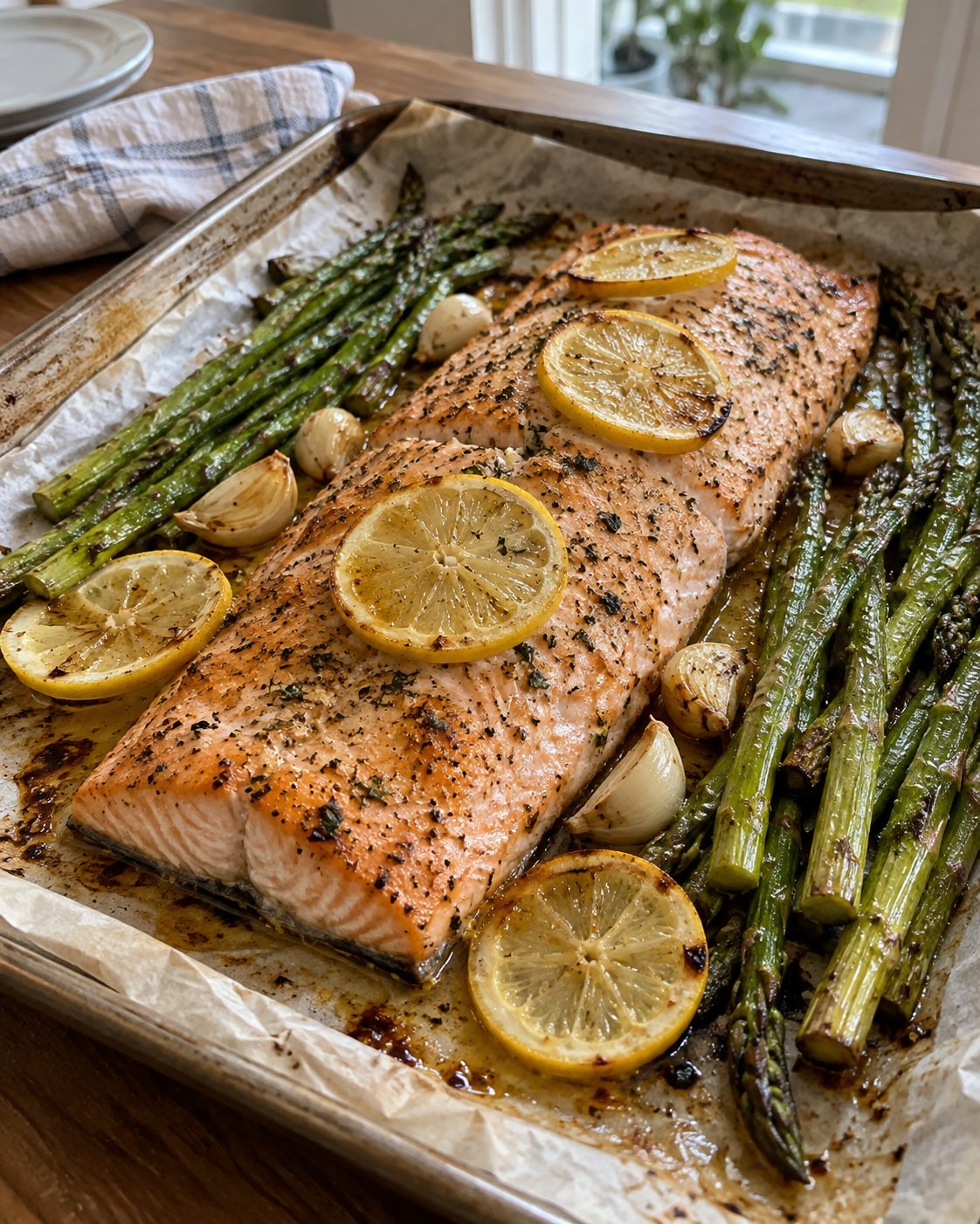 Healthy baked salmon with lemon, garlic, and asparagus on a parchment-lined sheet pan