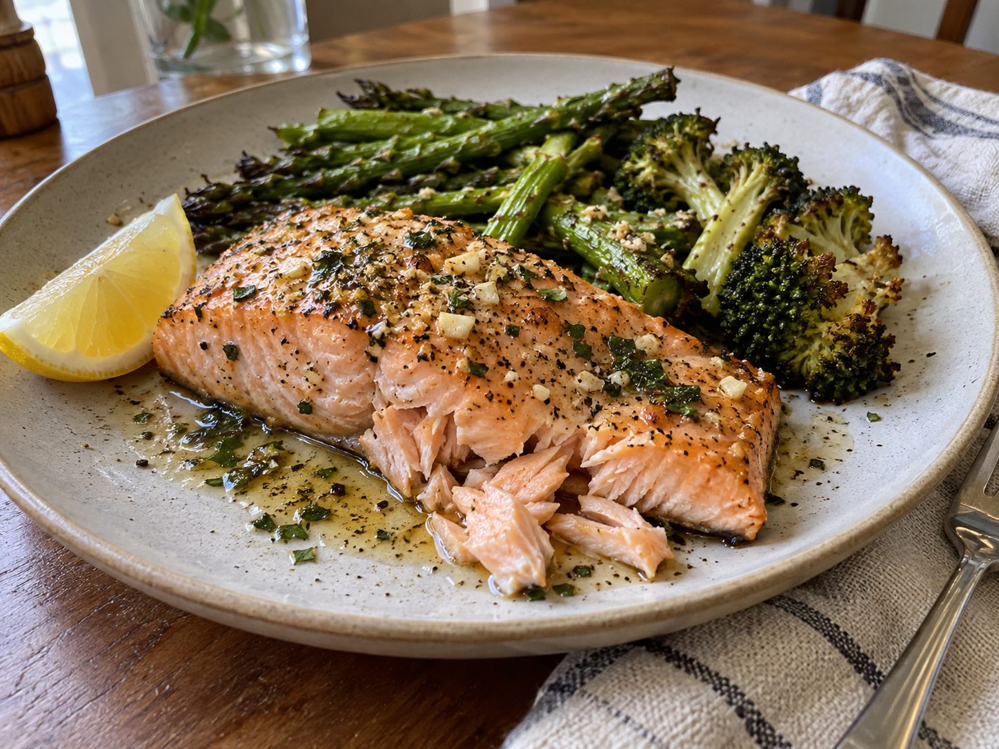 Flaky baked salmon with lemon garlic pan juices and roasted asparagus on a home dinner plate